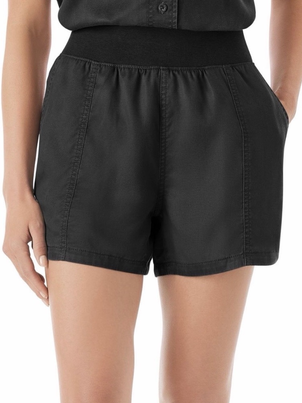 Women's Black Elastic-Waist Tencel Shorts - Picture 2 of 5